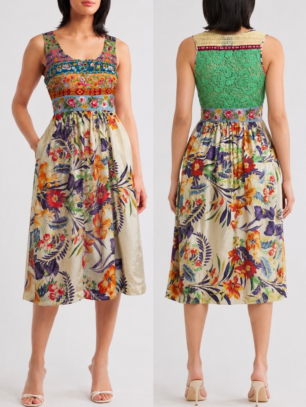 JOHNNY WAS Cream Silk Blend Floral Patchwork Midi Embroidered Dress